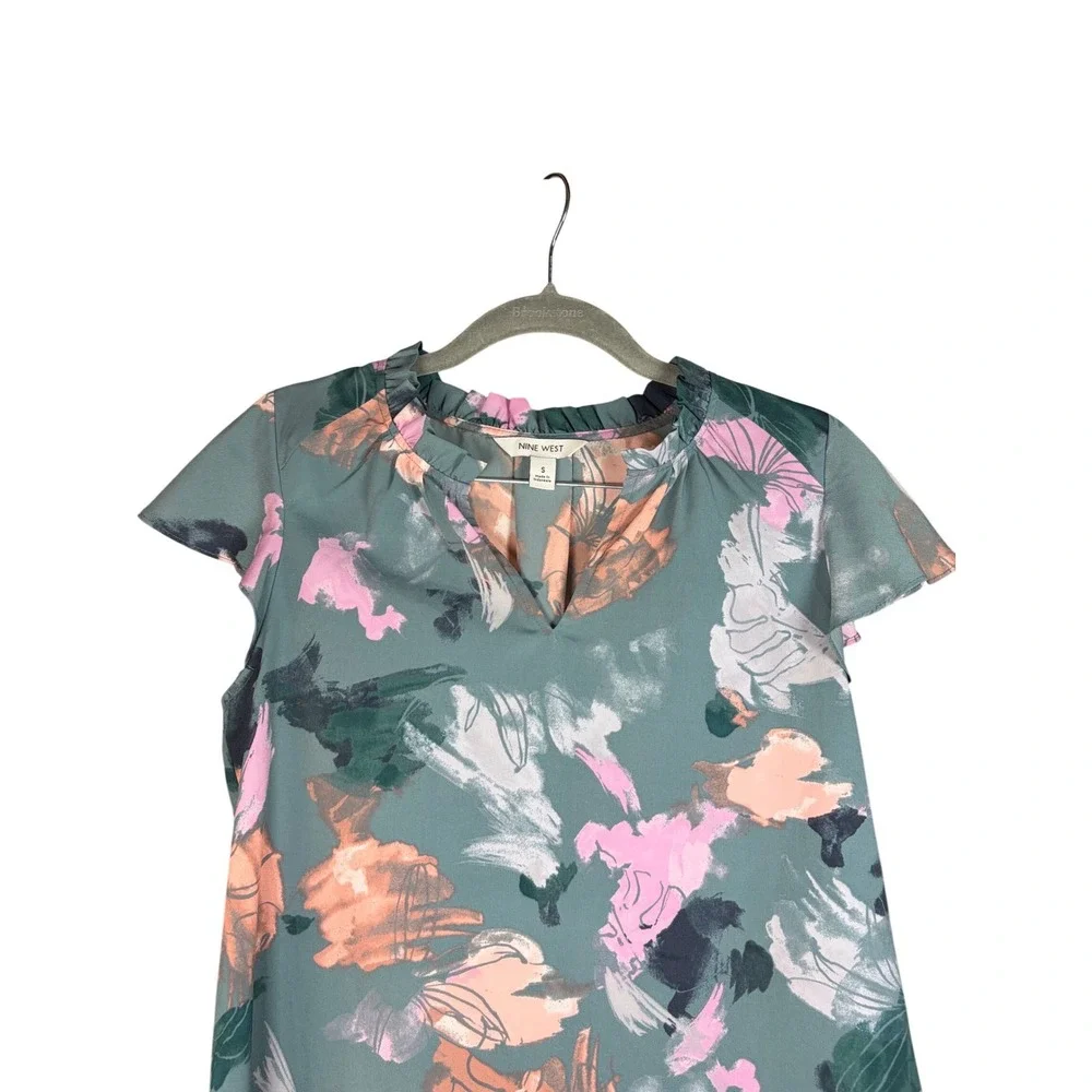 Nine West Womens Blue, Pink, and Orange Abstract Ruffle Neck Blouse Top Small - Picture 3 of 6